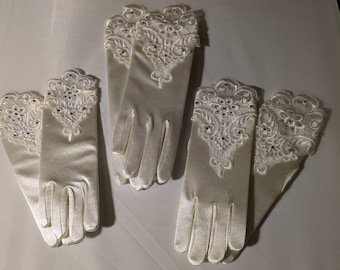 Adult and Children's Ivory Satin Stretch Gloves Lace and Rhinestone Embellishments First Communion Flower Girl Cosplay Tea Party