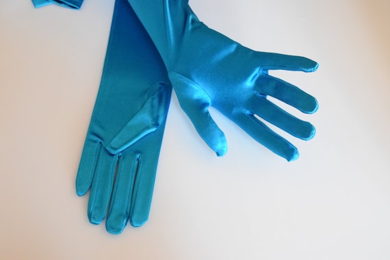 Turquois Luster Stretch Satin Gloves Opera Length… - image 2