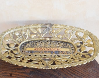 The Last Supper Brass Bowl Open Work Footed Oblong Bowl with Pear and Pomegranite Design Made by Wainberg in Jerusalem