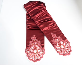 Wine Rouched Luster Stretch Satin Fingerless Gloves Elbow Length Beaded Lace with Finger Loop