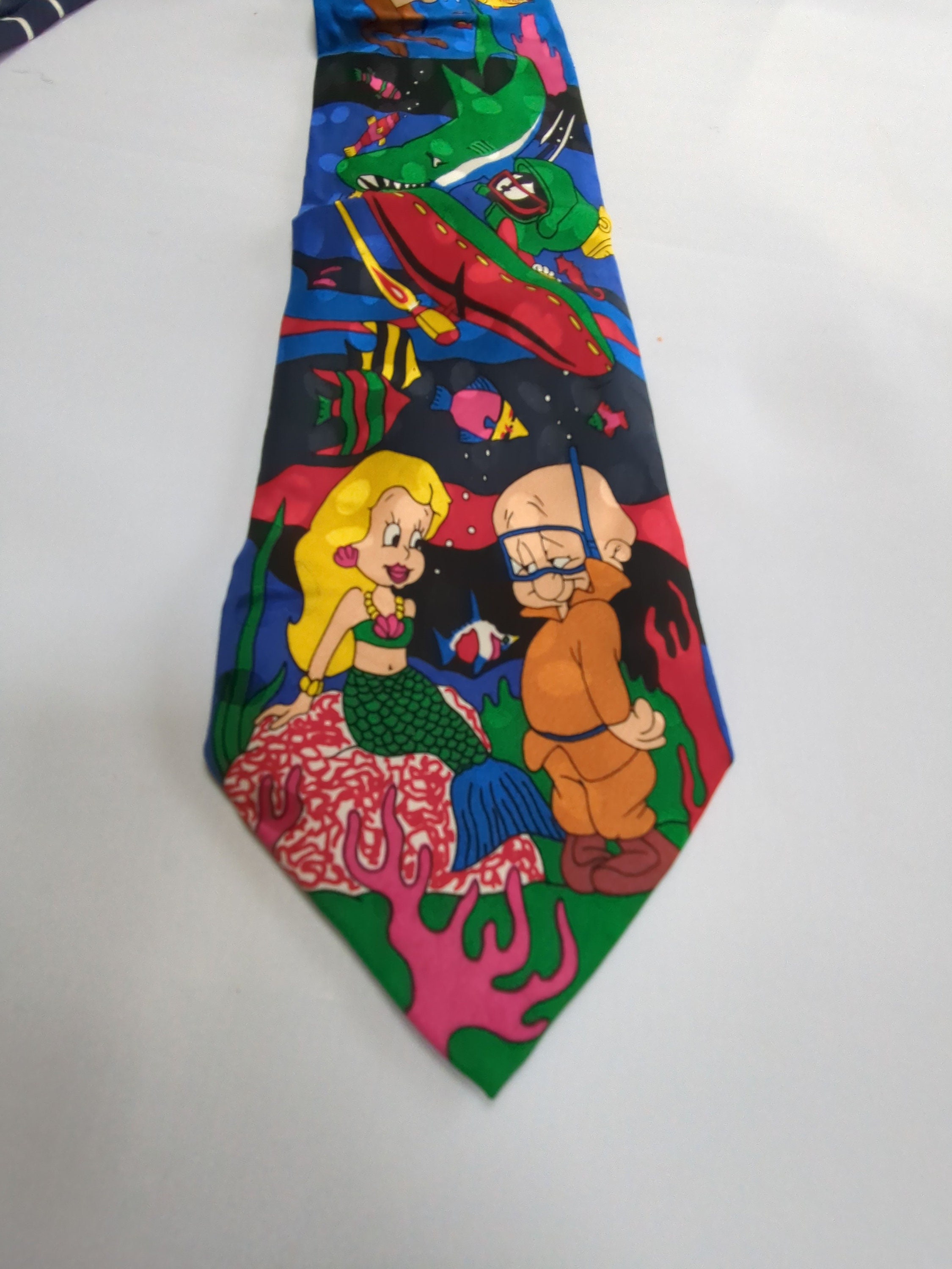 Men's Necktie Looney Tunes Mania 1993 Elmer Fudd Under the Sea with Mermaid Marvin Taz and Bugs Warner Bros.