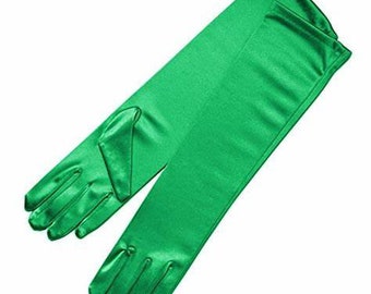 Guantes de satén verde Kelly, guantes de ópera de 56 cm, guantes por encima del codo de 48 cm, guantes por debajo del codo de 38 cm, guantes de vestir para mujer de 23 cm.