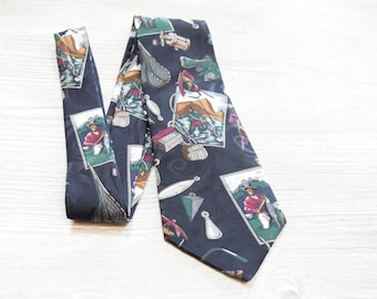 Fishing Necktie by American Sports Black Tie features Fishing Lures Boats Sinkers Fish and Fishing Scenes Made in the USA