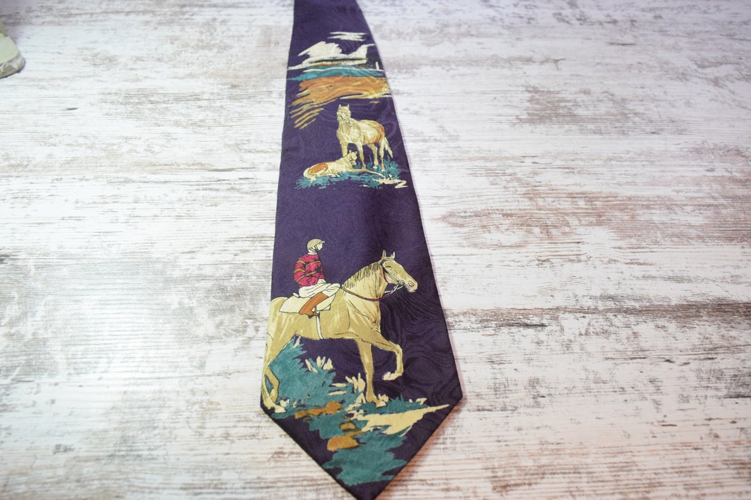 Cravate Vintage John Bull - Motif Chevaux, Soie 100%, Marron - Longueur Classique