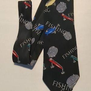 Fishing Lures and Reels on a Black Necktie Fishermans Necktie
