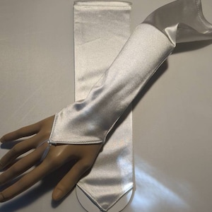 White and Ivory Luster Stretch Satin Fingerless Gloves Wrist Length with Finger Loop Up to Opera Length