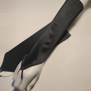 Black Luster Stretch Satin Fingerless Gloves Elbow Length With Finger ...