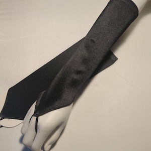 Black Luster Stretch Satin Fingerless Gloves Elbow Length with Finger Loop 11&quot; From Knuckle on Up