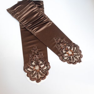 Brown Rouched Luster Stretch Satin Fingerless Gloves Elbow Length Beaded Lace with Finger Loop