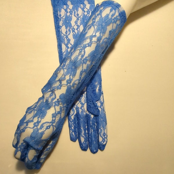 Vintage Royal Blue Lace Ladies Gloves Wrist Length 15.5" From the Fingertip to the Opening