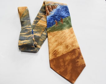 Golfer's Tie Guy Buffet NEW with Tags Painterly Impressionist 100% Silk Necktie features Golfers at the Oceans Edge