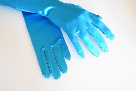 Turquois Luster Stretch Satin Gloves Opera Length… - image 3