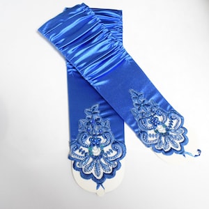 Royal Blue Rouched Luster Stretch Satin Fingerless Gloves Elbow Length Beaded Lace with Finger Loop