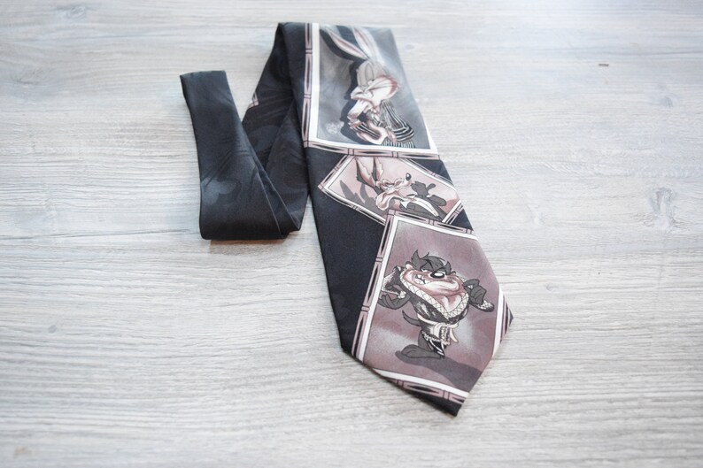 Looney Tunes Mania Black Necktie features Bugs Bunny Daffy Duck Tasmanian Devil in Comic Book Gangster Style