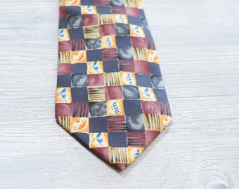 Mens Tie Fishing Lures Checker Necktie 100% Silk  Dunhill  Black Grey Gold  Red Fisherman