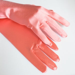 Coral High Luster Stretch Satin Gloves Opera Length to Wrist 22&quot; 18&quot; 15&quot; and 9&quot; Ladies Gloves Prom Wedding Gloves Formal Occasions Pageants