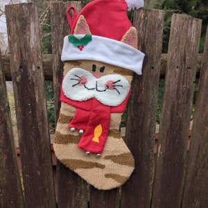 Cat Christmas Stocking with Jingle Bells Soft Sherpa Fabric with Felt Back