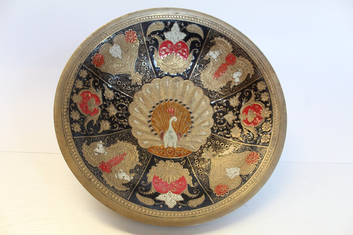 Vintage Brass Peacock Bowl Embossed Peacock Design with Enamel Etsy