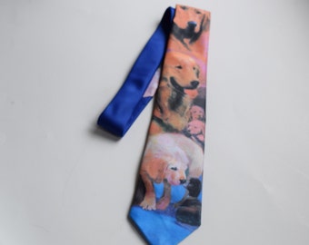 Ralph Marlin Golden Retrievers 1992 Necktie Blue Multi Color Dogs Animal Tie