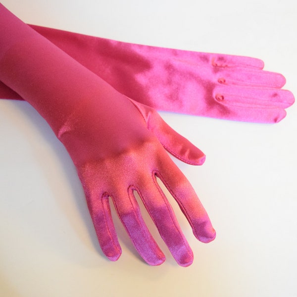 Fuchsia Satin Gloves 22" Opera Gloves 19" Above Elbo Gloves 15" Below Elbo Gloves 9" Wrist Womens Dress Gloves