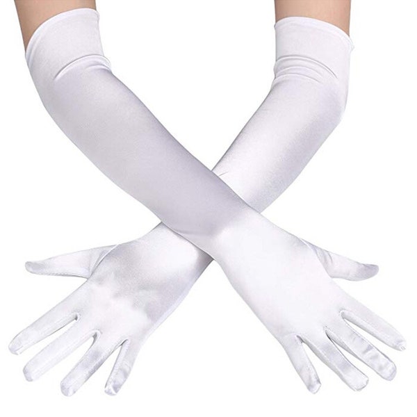 Gants en satin blancs 22 po. Gants d'opéra 19 po. au-dessus du elboe Gants 15 po. en-dessous du ellipse : 9 po. Poignet