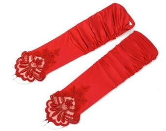 Red Satin Fingerless Gloves   Elbow Length Beaded Lace Rouched