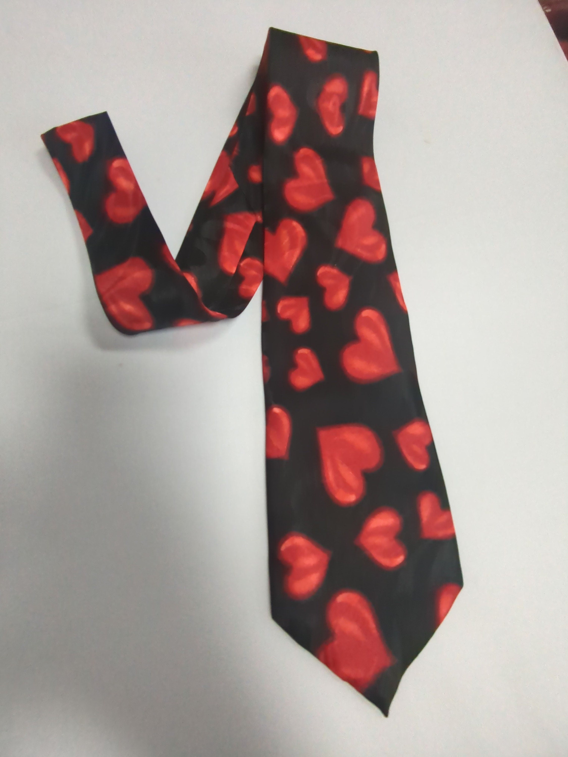 Valentine's Day Hearts Necktie Black Tie with Red Hearts Pattern Romantic Tie