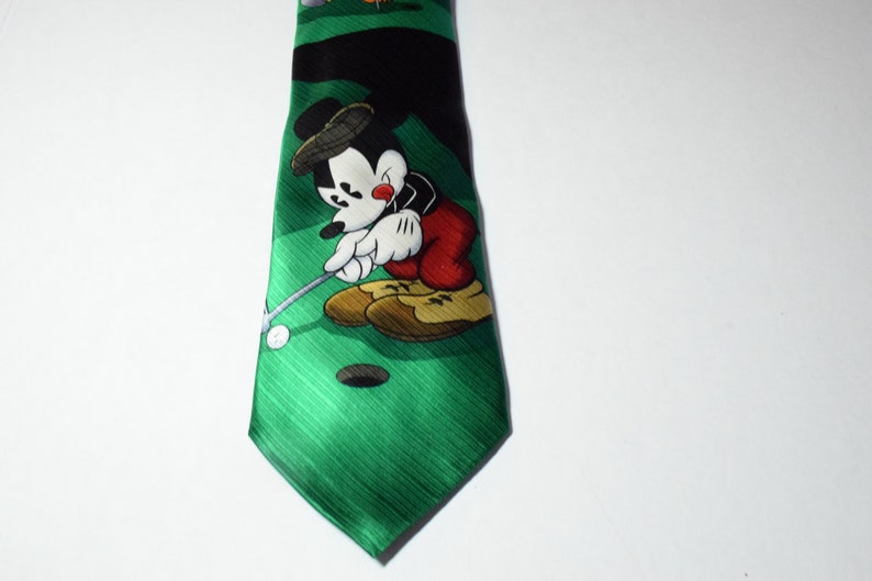 Mens Christmas Tie Mickey Mouse Golfing with Pluto Novelty Necktie Black and Green Holiday Tie