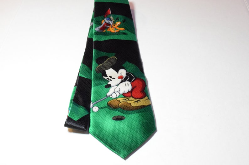 Mens Christmas Tie Mickey Mouse Golfing with Pluto Novelty Necktie Black and Green Holiday Tie