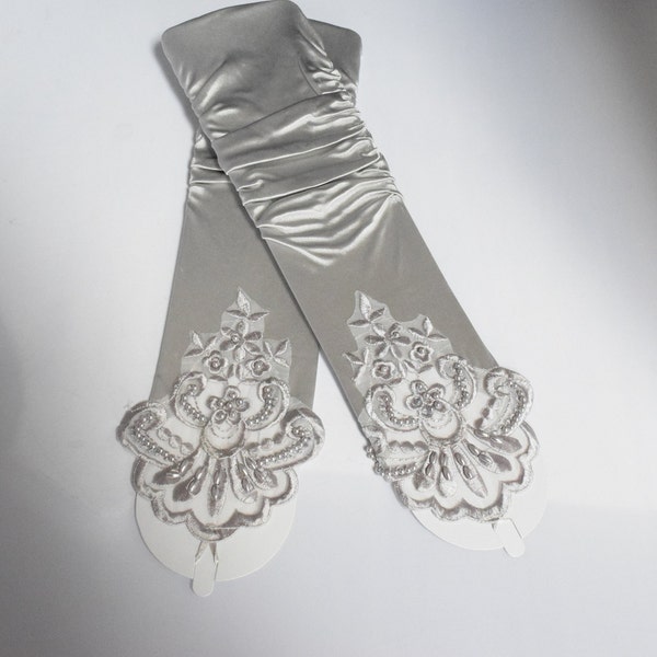 Silver Rouched Luster Stretch Satin Fingerless Gloves Elbow Length Beaded Lace with Finger Loop