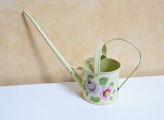 Large Hand Painted Watering Can Light Yellow With Pink Tole Etsy