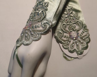 Sage Luster Stretch Satin Fingerless Gloves Elbow Length Beaded Lace with Finger Loop 13" From Knuckle on Up