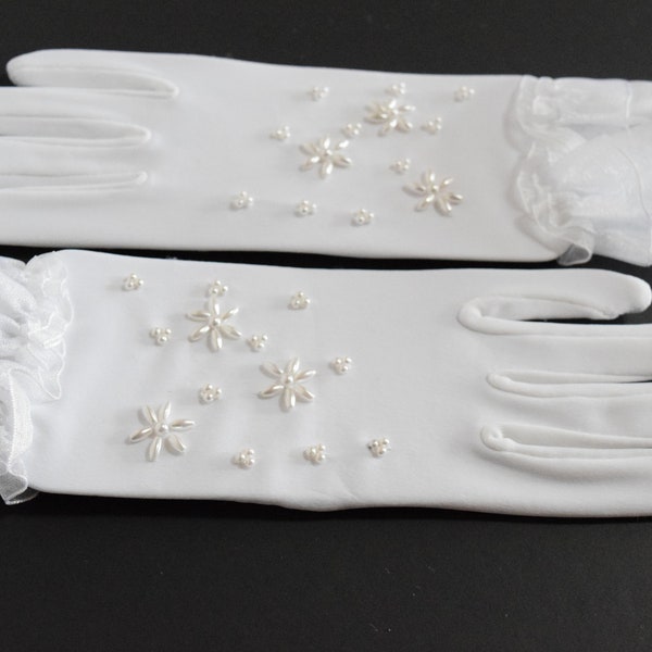 Children's White Matte Satin Stretch Gloves Pearl Embellishments First Communion Flower Girl Cosplay Tea Party