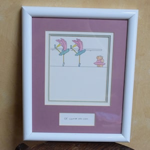 Ballerinas Framed Art of Dancing Pink Flamingos with a Hippo looking on "of course you can." Cartoon Illustion Print