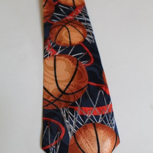 Basketball Novelty Necktie Dark Blue Tie with Orange Basketball and Hoop Pattern Basketball Fan Gift