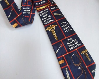 Doctor Healthcare Worker Necktie Navy with Medical Instruments and Slogans