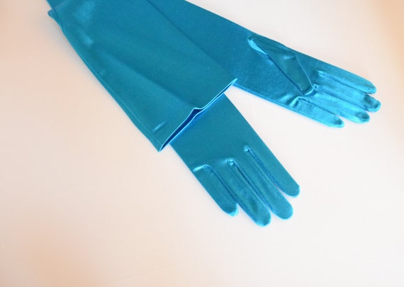 Turquois Luster Stretch Satin Gloves Opera Length… - image 5