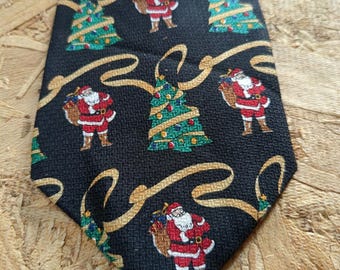 Santa Christmas Tree Golden Ribbon Design Tie Novelty Necktie Men's Tie