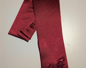 Guantes de satén elástico con brillo burdeos, longitud de ópera hasta la muñeca, de 22", 18", 15" y 9", ideales para graduaciones, bodas, ocasiones formales y desfiles.