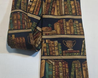 Book Lover&#39;s Necktie features Antique Book Shelf Design Librarian Gift Classic Books Novelty Tie Ex Libris