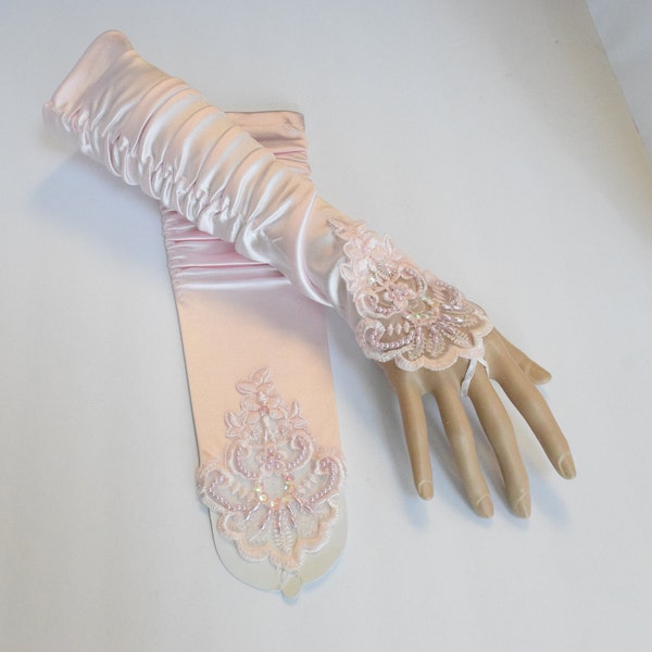 Pink Rouched Luster Stretch Satin Fingerless Gloves Elbow Length Beaded Lace with Finger Loop