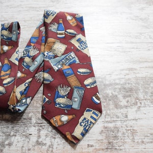 Junk Food Junkie Necktie features American Fast Food Favorites Burgundy Tie with Blue and Gold 100% Silk by Sheaf & Caber