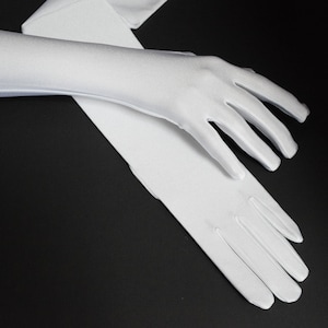 White Matte Satin 22&quot; Formal Opera Length Ladies Gloves, 19&quot; Above Elbo Gloves, and 15&quot; Below Elbo Gloves