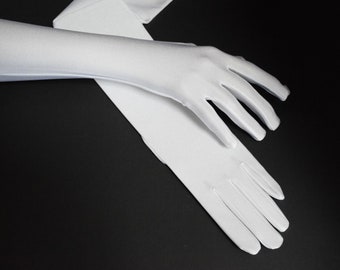 White Matte Satin 22" Formal Opera Length Ladies Gloves, 19" Above Elbo Gloves, and 15" Below Elbo Gloves