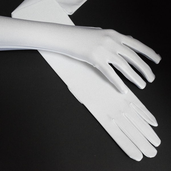 Gants blancs satinés mats pour femme, longueur opéra, longueur opéra, 19 po. au-dessus de l'elbe et 15 po en-dessous