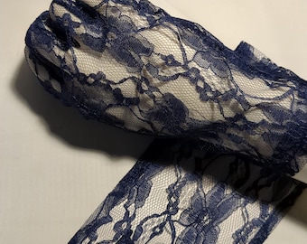 Dark Navy Blue Lace Ladies Gloves Wrist Length 10" and 23" From the Fingertip to the Opening
