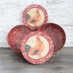 Rooster Hat Boxes 2 Nesting Round Decorative Boxes in Beige Maroon Tones Heavy Weight Farmhouse Decor
