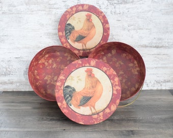 Rooster Hat Boxes 2 Nesting Round Decorative Boxes in Beige Maroon Tones Heavy Weight Farmhouse Decor