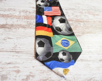 World Cup Soccer Necktie Black Tie with National Flags and Soccer Ball Design by Steven Harris