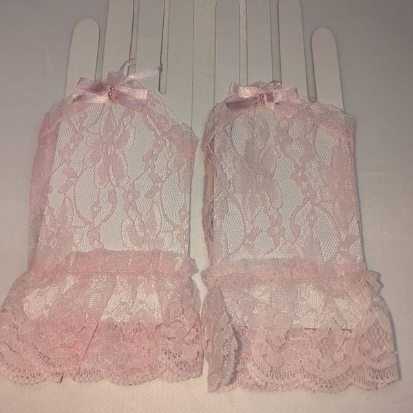 Pink Lace Ladies  Fingerless Gloves  Wrist Length  6" with Ruffled Cuff Delicate Gauntlet